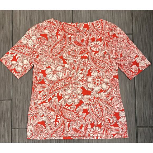 Talbots Red and White Paisley Top 100% Pima Cotton Size Small Scallop Neck - Picture 3 of 4